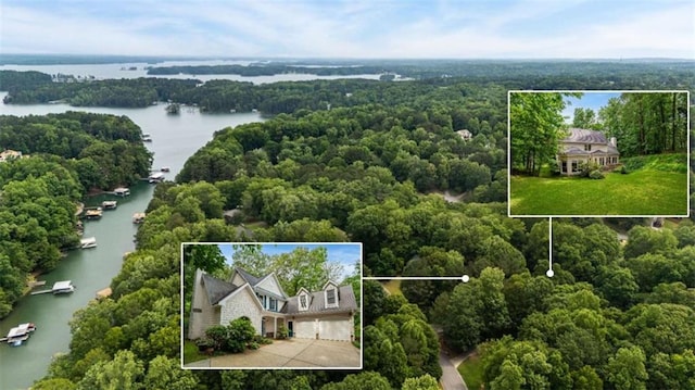 2709 Windrush Dr, Buford, GA 30518 - aerial overview of property's location featuring a nearby body of water, property boundaries highlighted, and a forest