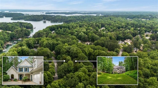 2709 Windrush Dr, Buford, GA 30518 - aerial overview of property's location featuring a nearby body of water, a heavily wooded area, and property parcel outlined