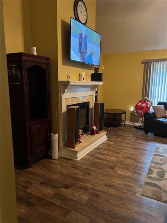 living room with a premium fireplace and dark wood-type flooring