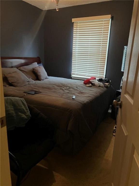 carpeted bedroom with lofted ceiling