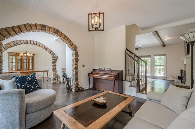 113 Gold Bridge Xing, Canton, GA 30114 - living area with a chandelier, stairway, dark wood-style floors, baseboards, and beamed ceiling