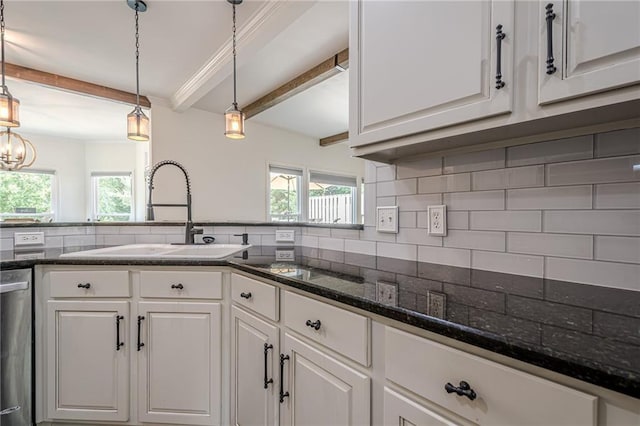 113 Gold Bridge Xing, Canton, GA 30114 - kitchen with a sink, beamed ceiling, white cabinets, stainless steel dishwasher, and decorative backsplash