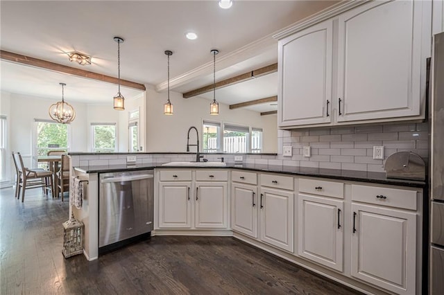 113 Gold Bridge Xing, Canton, GA 30114 - kitchen featuring stainless steel dishwasher, a sink, dark wood finished floors, beamed ceiling, and plenty of natural light
