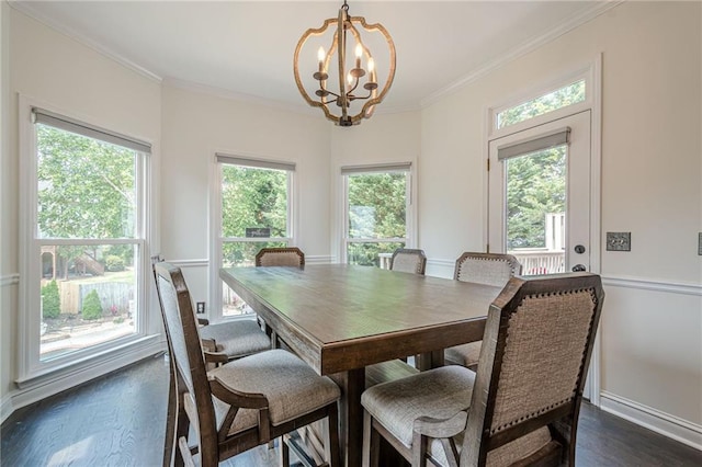 113 Gold Bridge Xing, Canton, GA 30114 - dining space featuring a chandelier, dark wood-type flooring, plenty of natural light, ornamental molding, and baseboards