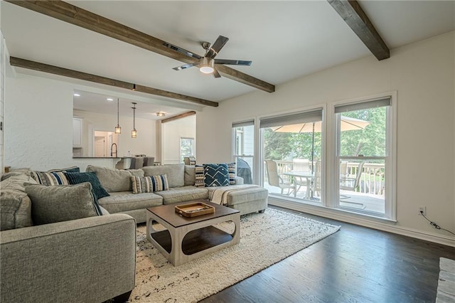 113 Gold Bridge Xing, Canton, GA 30114 - living room featuring beamed ceiling, a ceiling fan, wood finished floors, baseboards, and recessed lighting