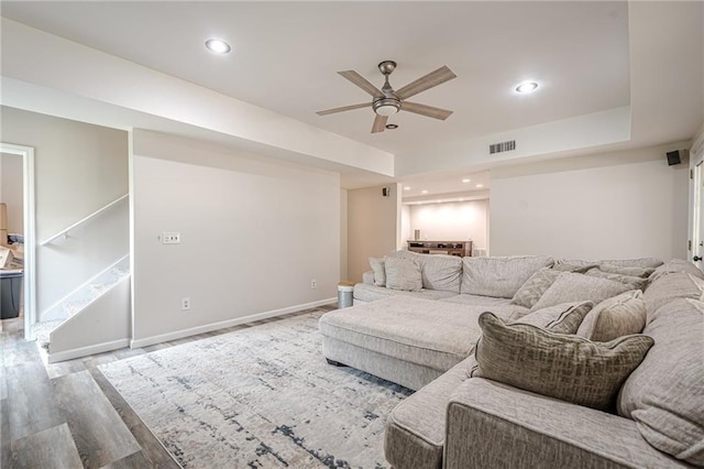 113 Gold Bridge Xing, Canton, GA 30114 - living room featuring a ceiling fan, stairway, wood finished floors, baseboards, and recessed lighting