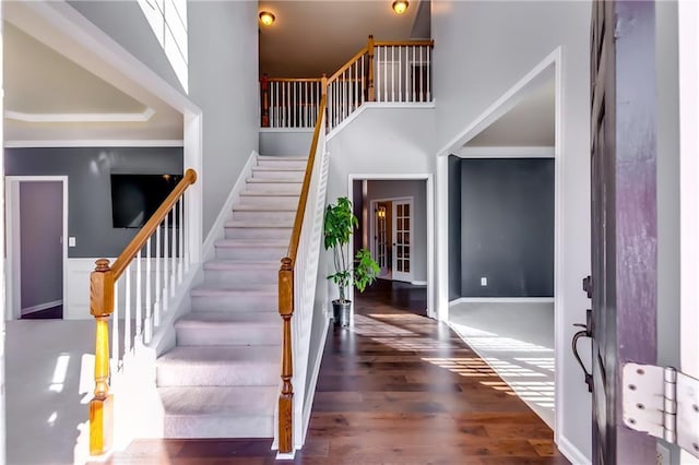 entryway featuring a high ceiling and dark wood-type flooring