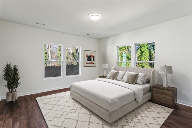 bedroom featuring multiple windows, baseboards, and wood finished floors