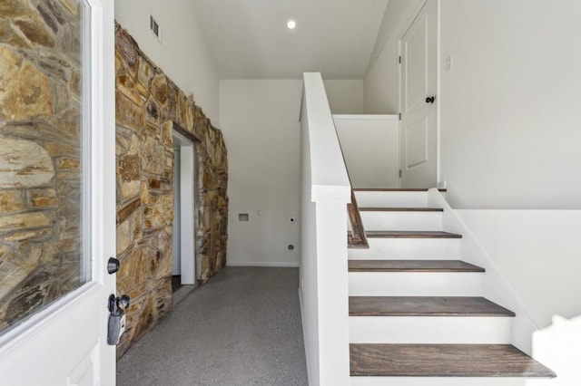 stairs featuring visible vents and recessed lighting