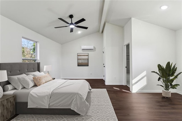 bedroom featuring baseboards, lofted ceiling with beams, wood finished floors, a wall mounted air conditioner, and recessed lighting