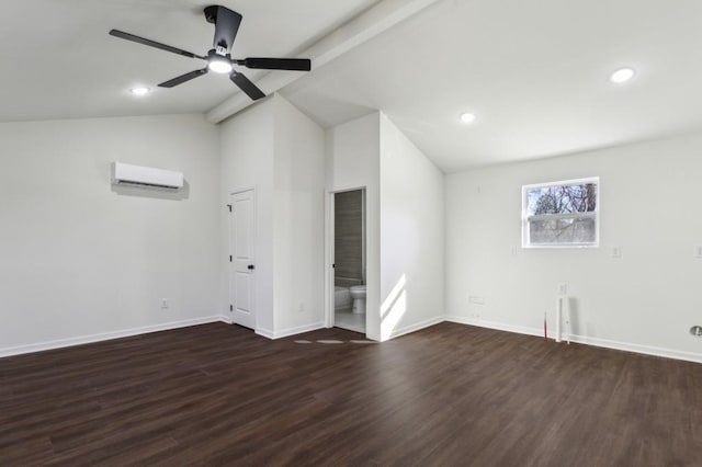 interior space featuring vaulted ceiling with beams, dark wood-type flooring, a wall unit AC, and baseboards