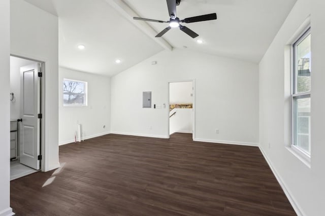 unfurnished living room with lofted ceiling with beams, a ceiling fan, baseboards, electric panel, and dark wood-style floors