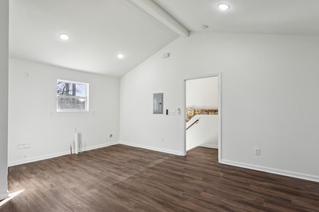 spare room with lofted ceiling with beams, recessed lighting, baseboards, electric panel, and dark wood-style floors