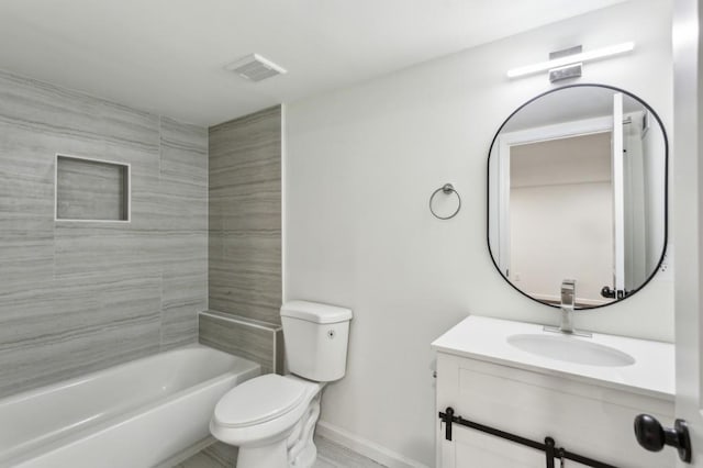 bathroom with visible vents, baseboards, toilet, tub / shower combination, and vanity