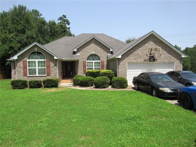 ranch-style house with a front yard and a garage