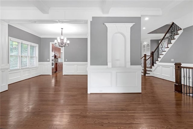 interior space featuring crown molding, dark hardwood / wood-style flooring, an inviting chandelier, and beam ceiling