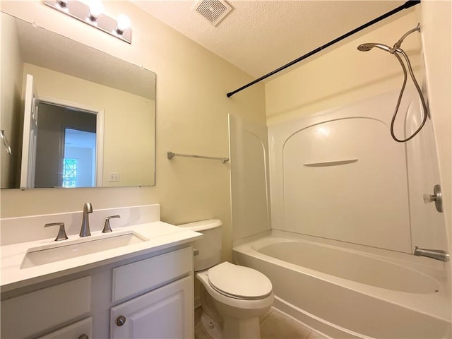 bathroom with visible vents, toilet, a textured ceiling, vanity, and shower / bathing tub combination