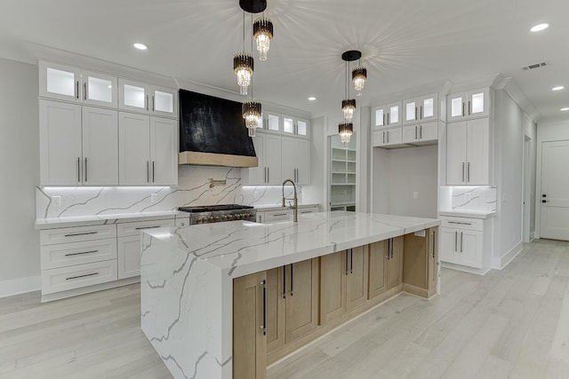 kitchen with light wood finished floors, tasteful backsplash, visible vents, custom exhaust hood, and range