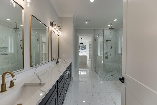 bathroom featuring recessed lighting, marble finish floor, a marble finish shower, a sink, and crown molding