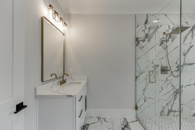 full bath with marble finish floor, vanity, and a marble finish shower