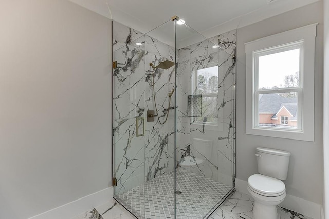 full bathroom featuring marble finish floor, baseboards, a marble finish shower, and toilet
