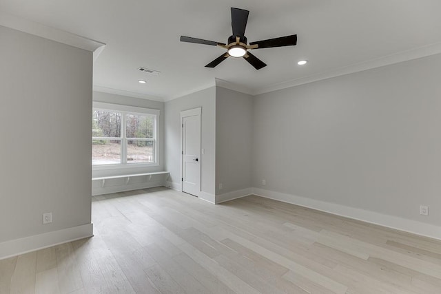 unfurnished bedroom featuring recessed lighting, visible vents, light wood-type flooring, crown molding, and baseboards