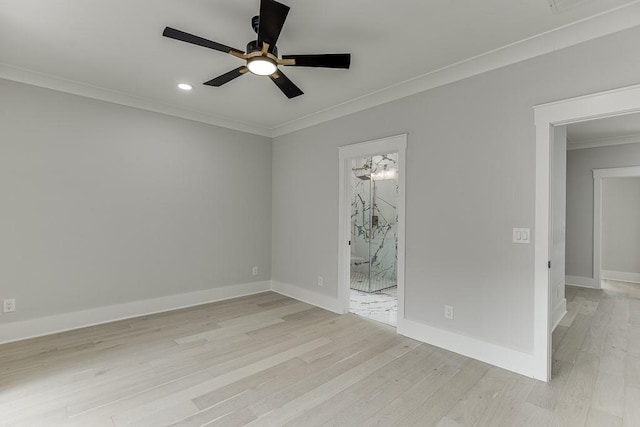 unfurnished room with recessed lighting, a ceiling fan, light wood-style floors, crown molding, and baseboards