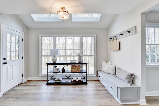 foyer with a skylight, light wood-style flooring, and a healthy amount of sunlight