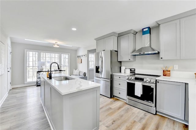 kitchen with gray cabinets, a sink, stainless steel appliances, wall chimney exhaust hood, and an island with sink