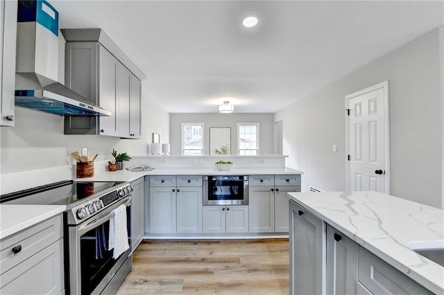 kitchen featuring gray cabinetry, wall chimney range hood, and stainless steel electric range oven