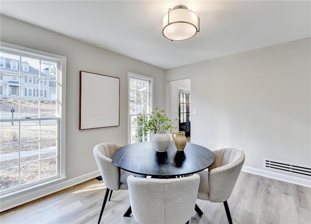 dining room with baseboards, light wood-type flooring, and visible vents