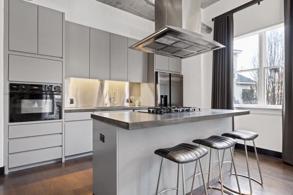 kitchen featuring gray cabinets, a sink, a breakfast bar area, stainless steel appliances, and island exhaust hood