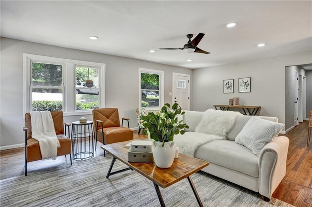 living room with ceiling fan and hardwood / wood-style flooring