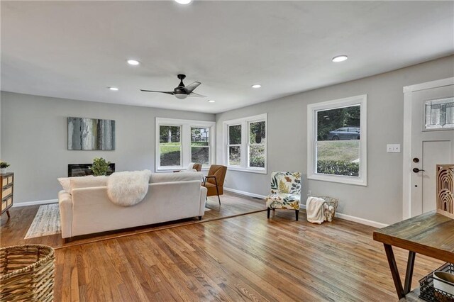 living room with hardwood / wood-style flooring and ceiling fan