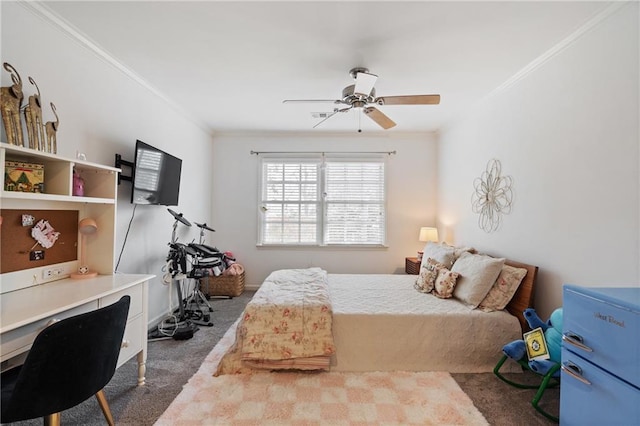 bedroom with dark carpet, a ceiling fan, and ornamental molding