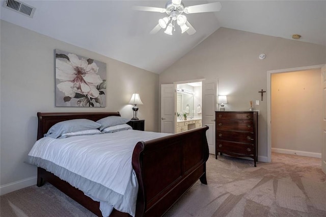 bedroom featuring visible vents, connected bathroom, baseboards, light colored carpet, and vaulted ceiling