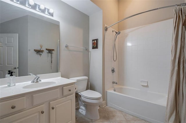 full bath with tile patterned flooring, shower / bath combination with curtain, toilet, and vanity