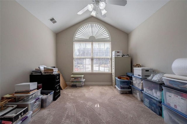 storage area featuring visible vents and ceiling fan