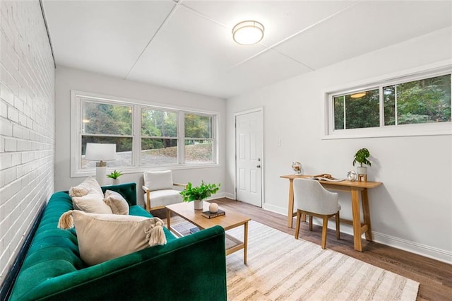 living room featuring hardwood / wood-style floors and brick wall