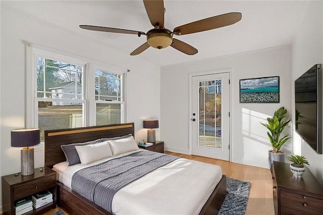 bedroom with access to exterior, crown molding, ceiling fan, baseboards, and light wood-style floors