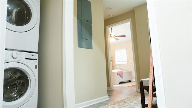 laundry area with stacked washer and dryer, light hardwood / wood-style flooring, electric panel, and ceiling fan