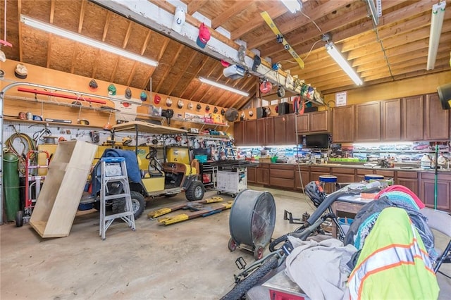 garage featuring a garage door opener and a workshop area