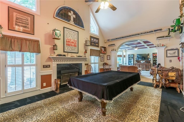 game room with billiards, ceiling fan, and high vaulted ceiling