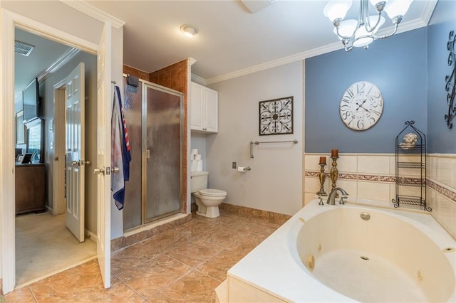 bathroom featuring plus walk in shower, crown molding, tile flooring, toilet, and a notable chandelier