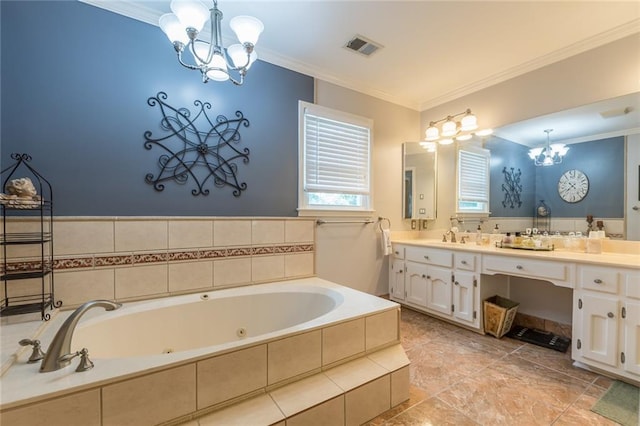 bathroom featuring tile floors, tiled bath, double vanity, a chandelier, and ornamental molding