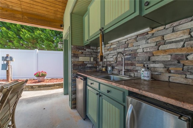 kitchen with wood ceiling, stainless steel dishwasher, sink, and green cabinets