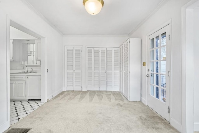 carpeted empty room with sink and crown molding