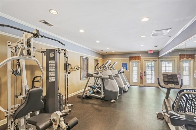 exercise room with ornamental molding