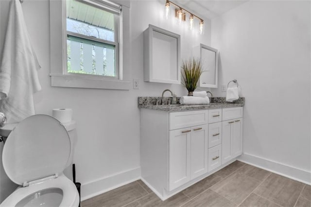 bathroom featuring toilet, wood finished floors, double vanity, and baseboards