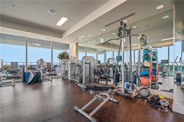 3630 Peachtree Rd NE Unit 2305, Atlanta, GA 30326 - workout area with expansive windows and recessed lighting